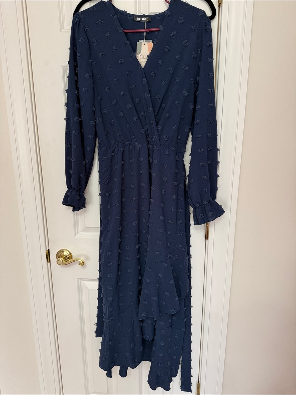 Navy Long Sleeve Textured Wrap Midi Dress
